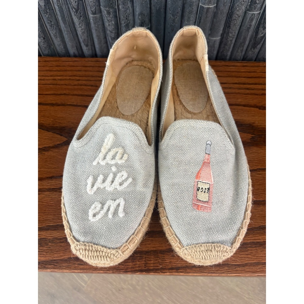 Soludos La Vie En Rose Grey Canvas Embroidered Espadrille Flats Womens 7.5
